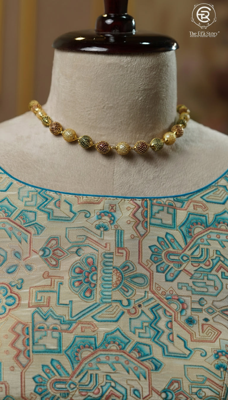 Sky Blue & Beige Geometric Designer Silk Blouse