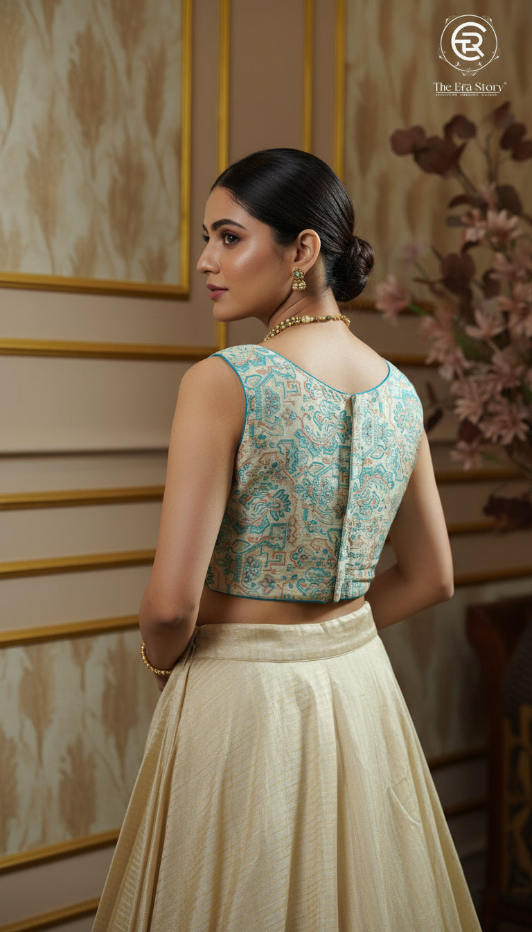 Sky Blue & Beige Geometric Designer Silk Blouse