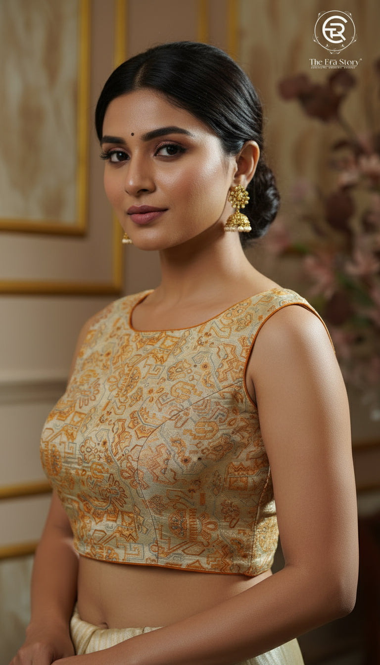 Amber Yellow & Beige Geometric Designer Silk Blouse