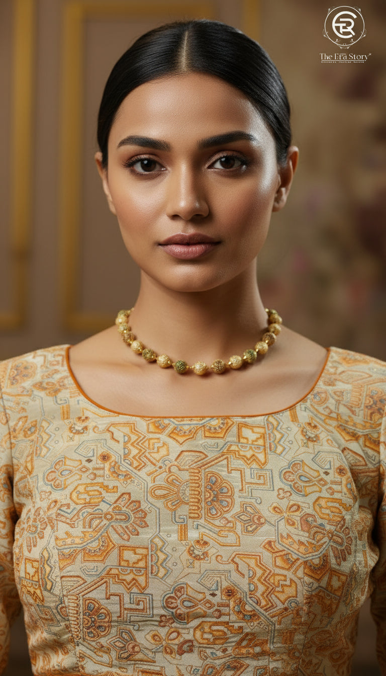 Amber Yellow & Beige Geometric Designer Silk Blouse