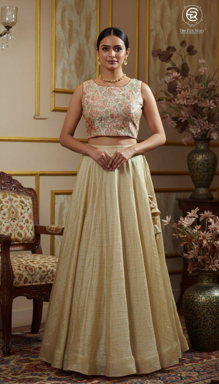 Red & Beige Geometric Designer Silk Blouse