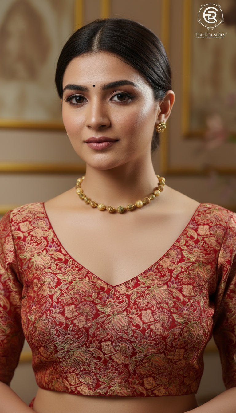 Red & Golden Green Floral Designer Silk Blouse