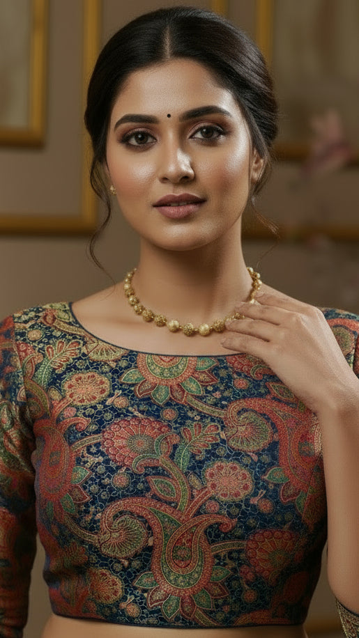 Peacock Blue & Red Multicoloured Mango Floral Designer Silk Blouse