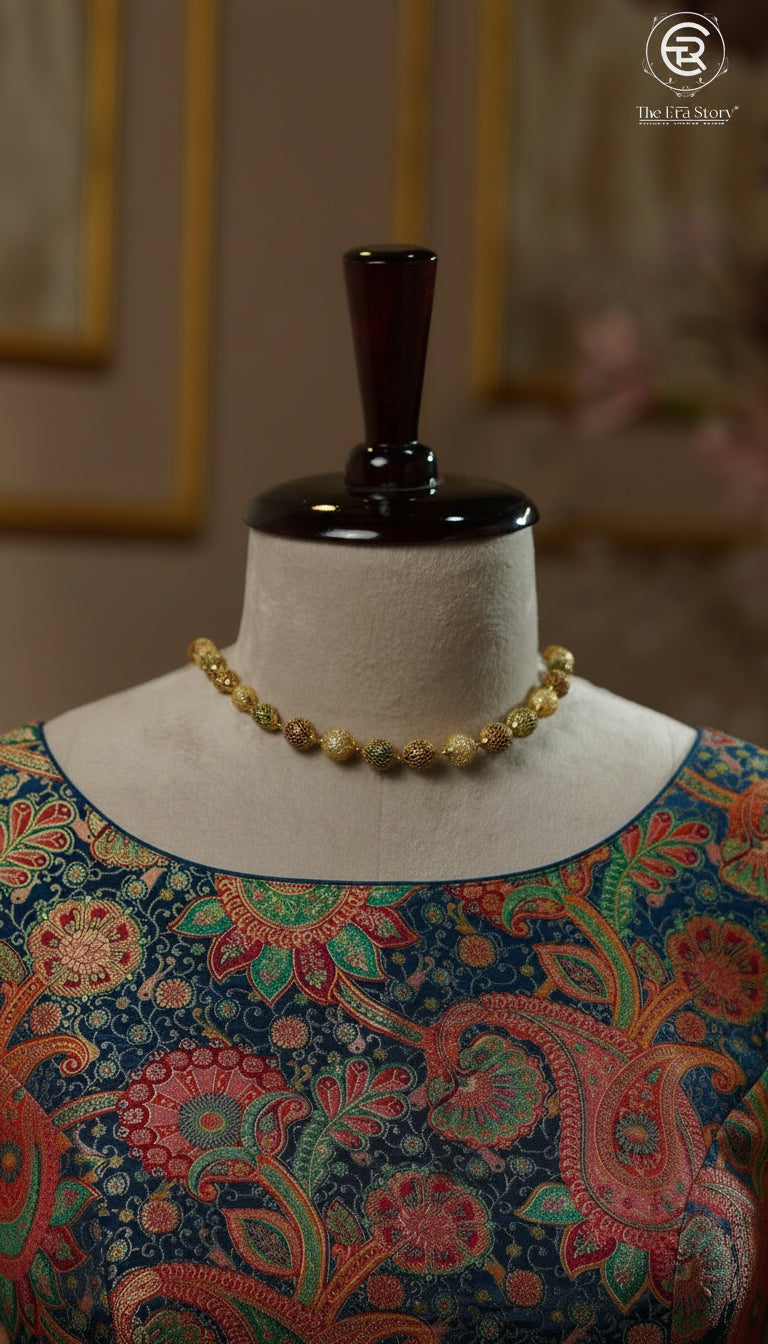 Peacock Blue & Red Multicoloured Mango Floral Designer Silk Blouse