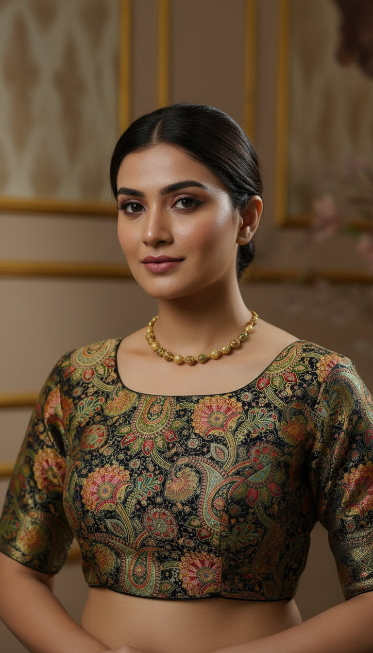 Black & Multicoloured Mango Floral Designer Silk Blouse