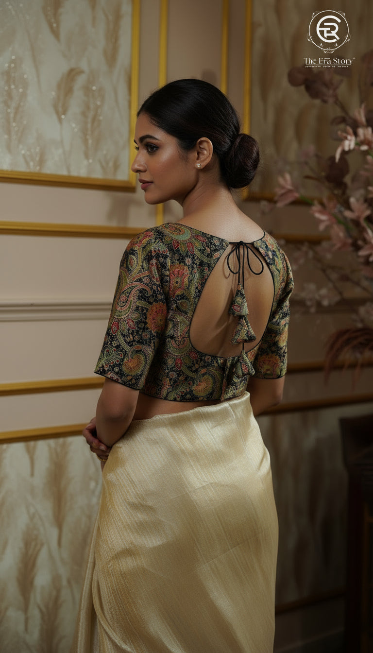 Black & Multicoloured Mango Floral Designer Silk Blouse