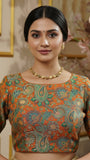 Orange & Multicoloured Mango Floral Designer Silk Blouse