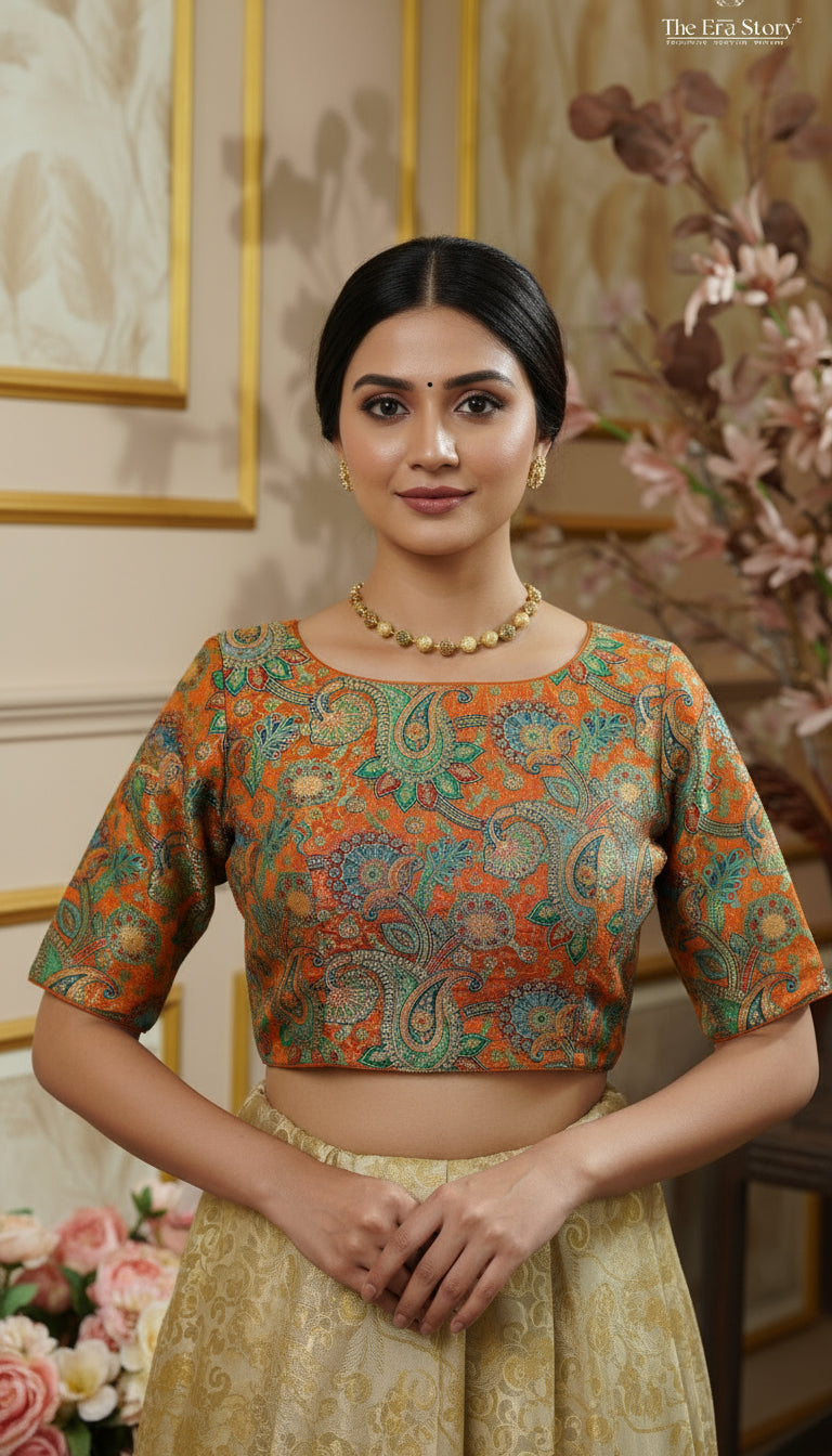 Orange & Multicoloured Mango Floral Designer Silk Blouse