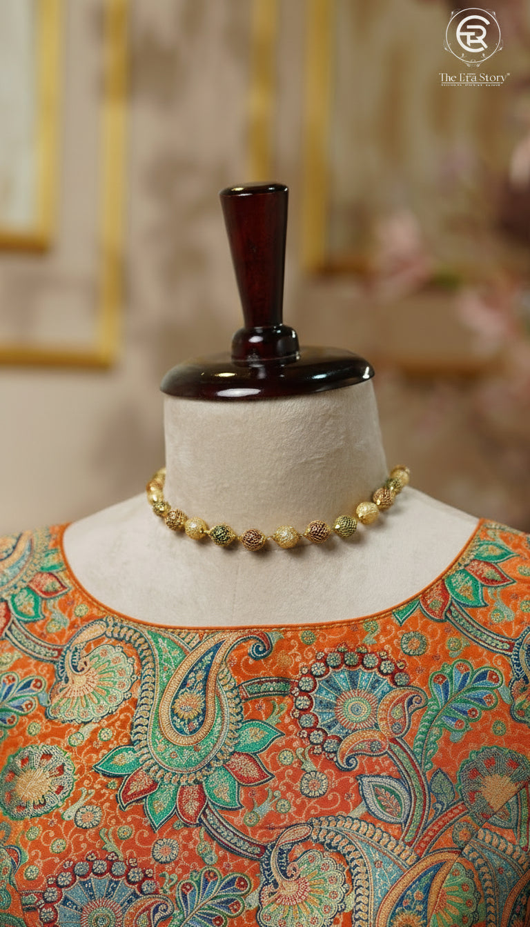 Orange & Multicoloured Mango Floral Designer Silk Blouse