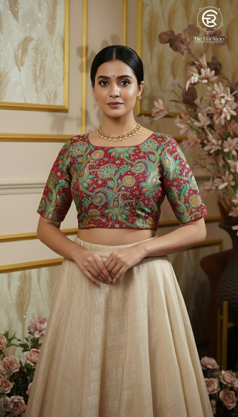 Dark Pink & Multicoloured Mango Floral Designer Silk Blouse