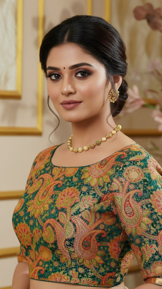 Green & Multicoloured Mango Floral Designer Silk Blouse