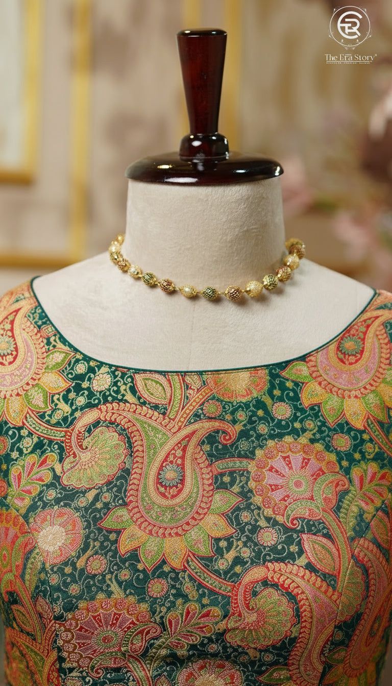 Green & Multicoloured Mango Floral Designer Silk Blouse