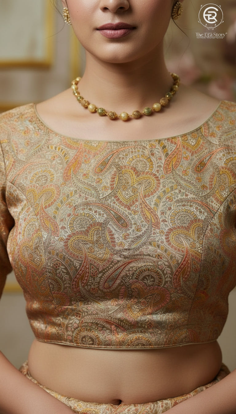 Gold Silver & Multicoloured Floral Designer Silk Blouse