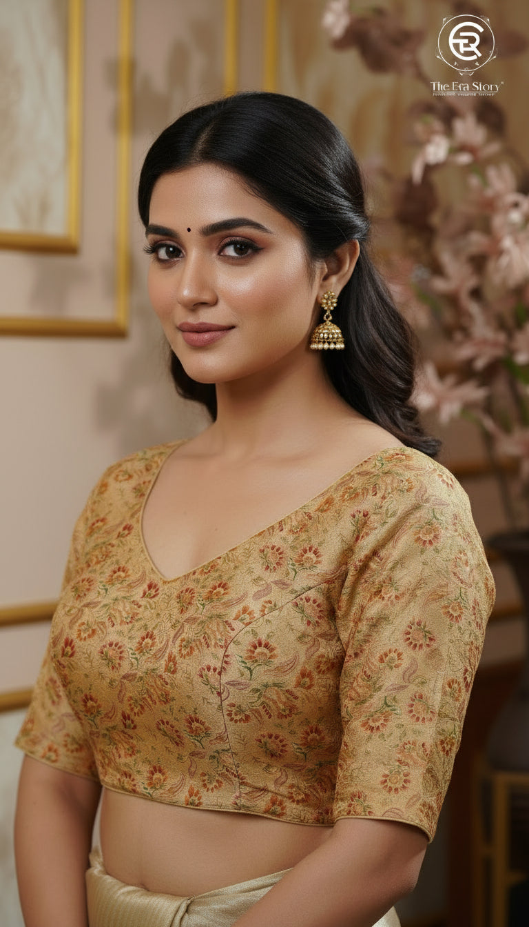 Rich Gold & Red Multicoloured Floral Designer Silk Blouse