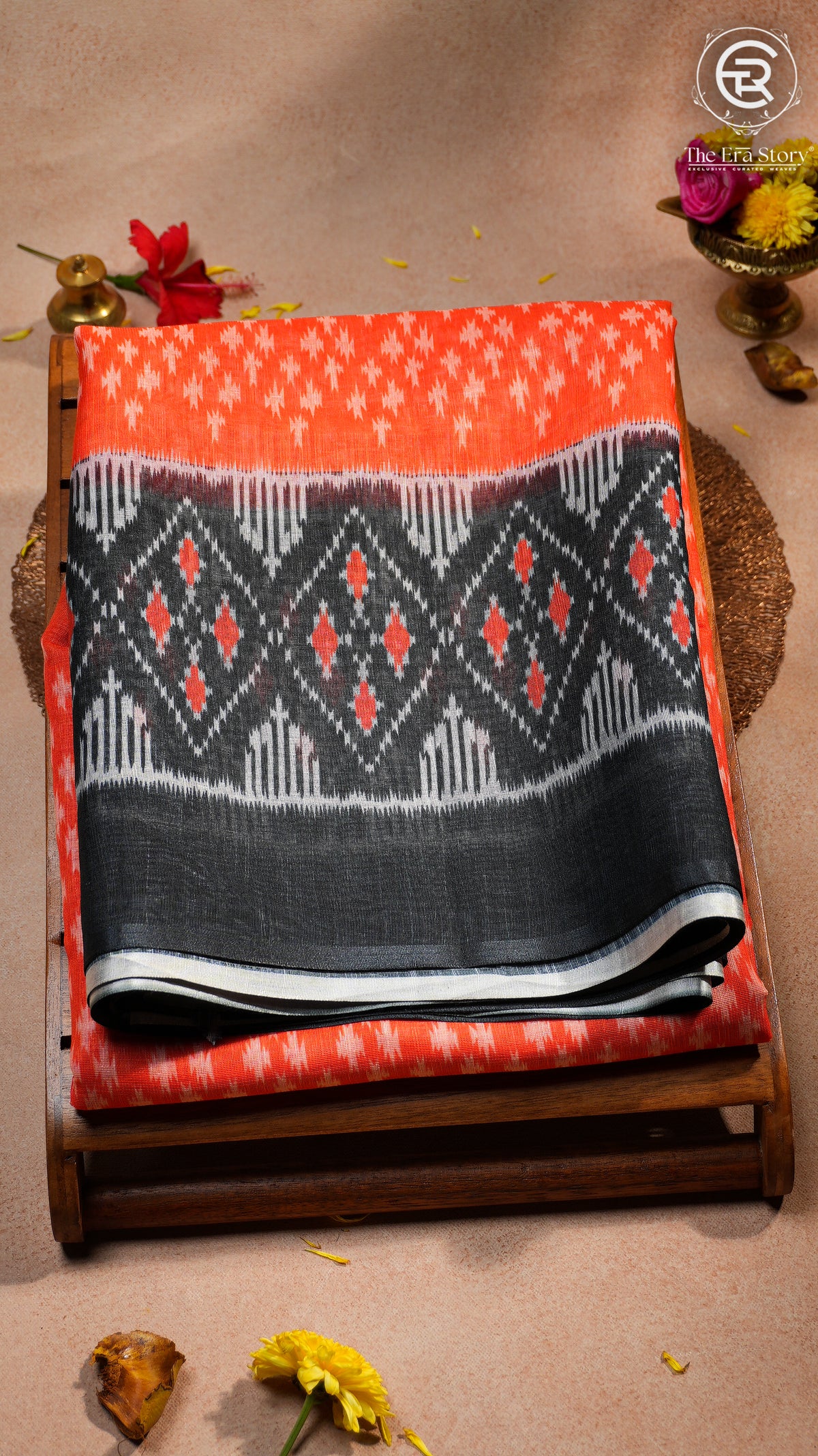 Orange Black & White Summer Cotton Saree
