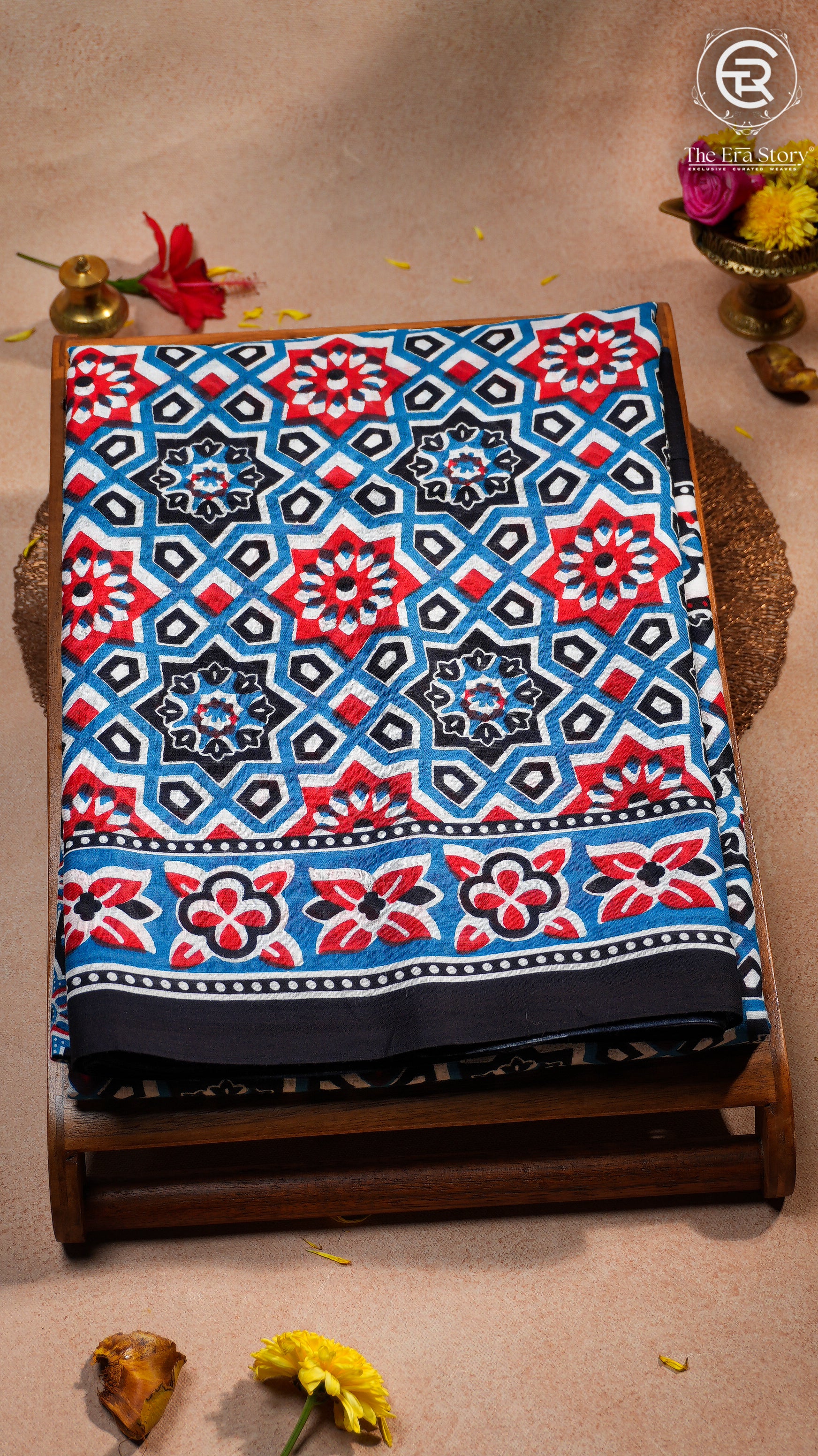 Blue Red & Black Mulmul Cotton Saree