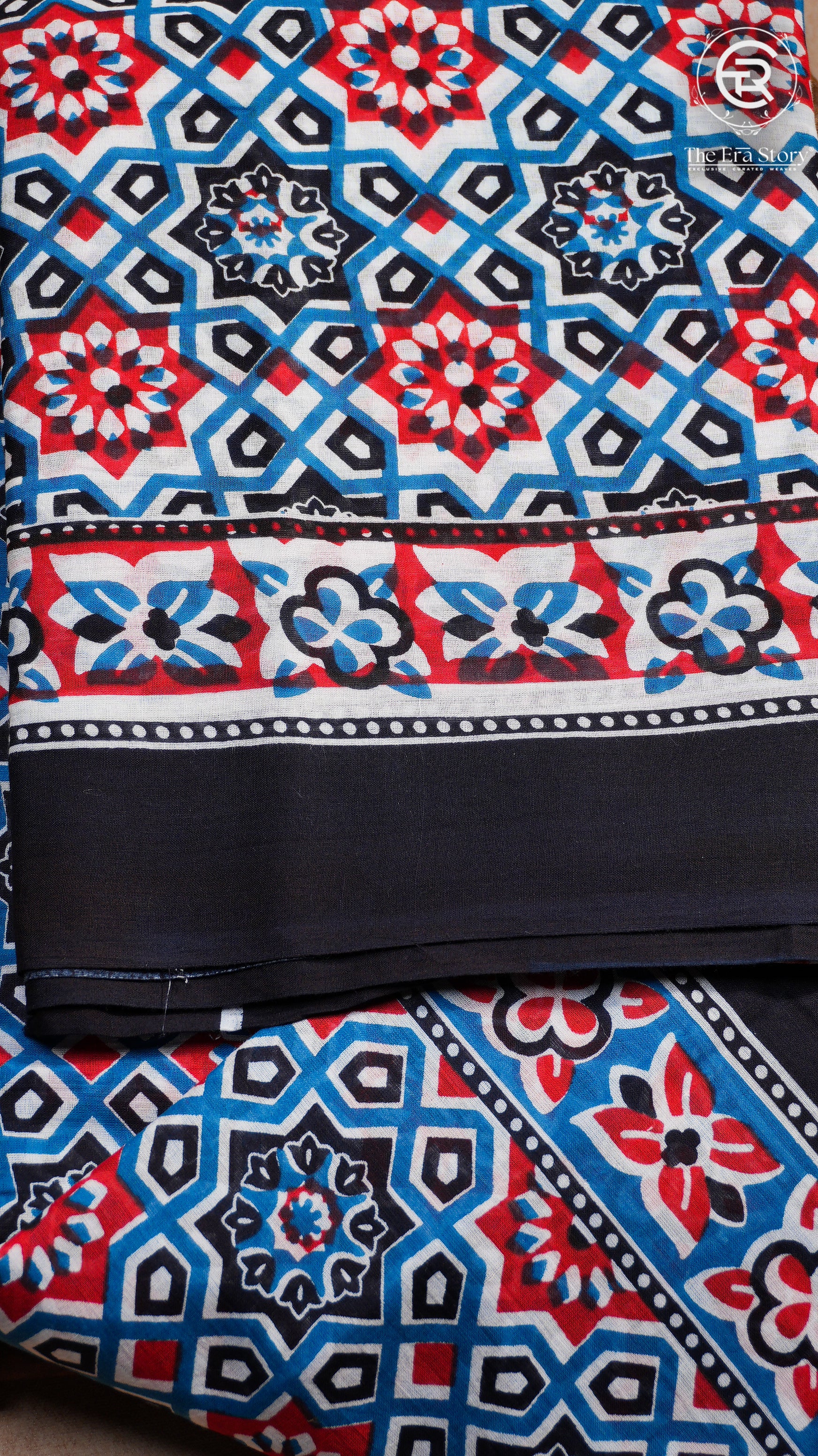 Blue Red & Black Mulmul Cotton Saree