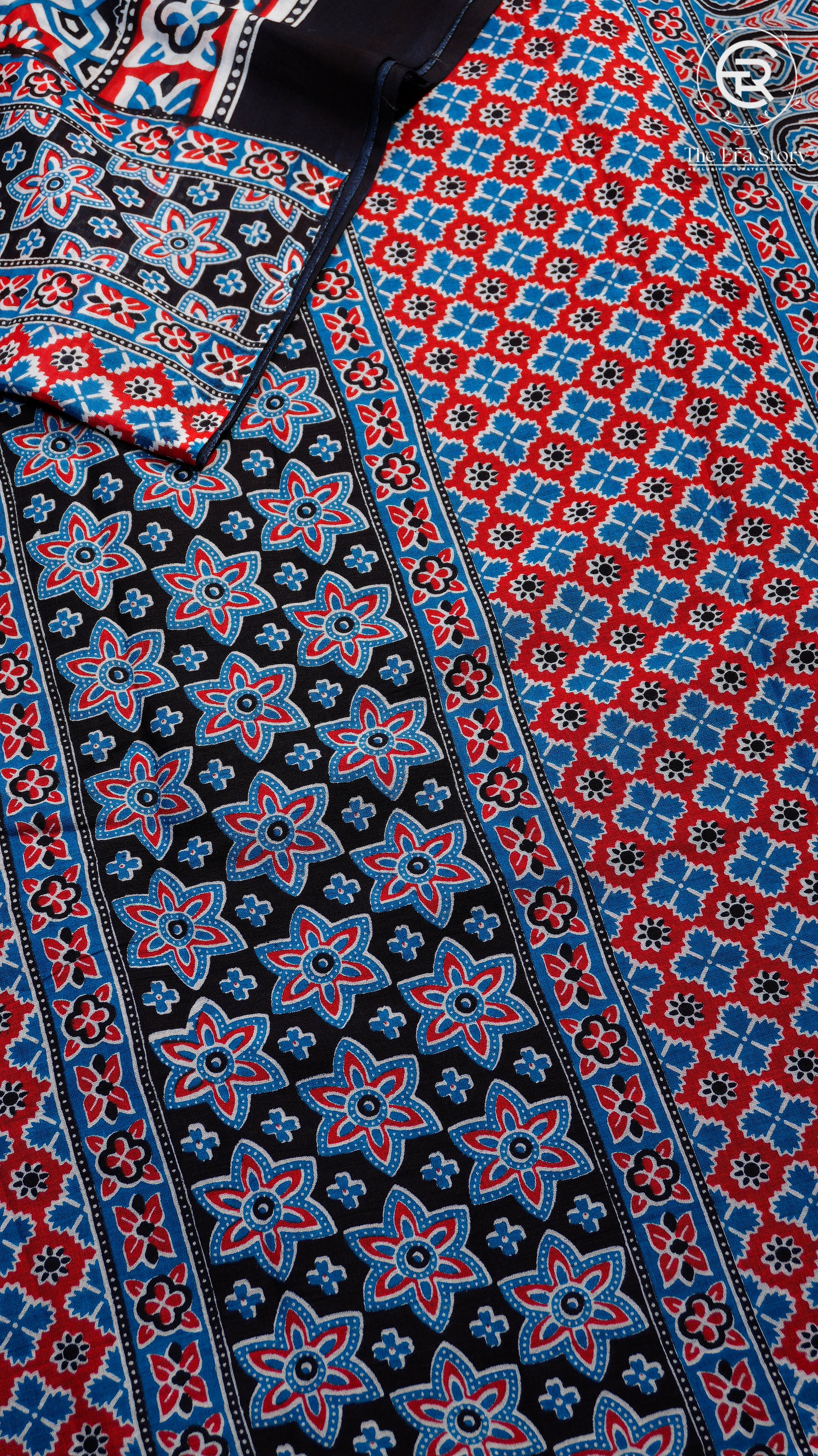 Blue Red & Black Mulmul Cotton Saree