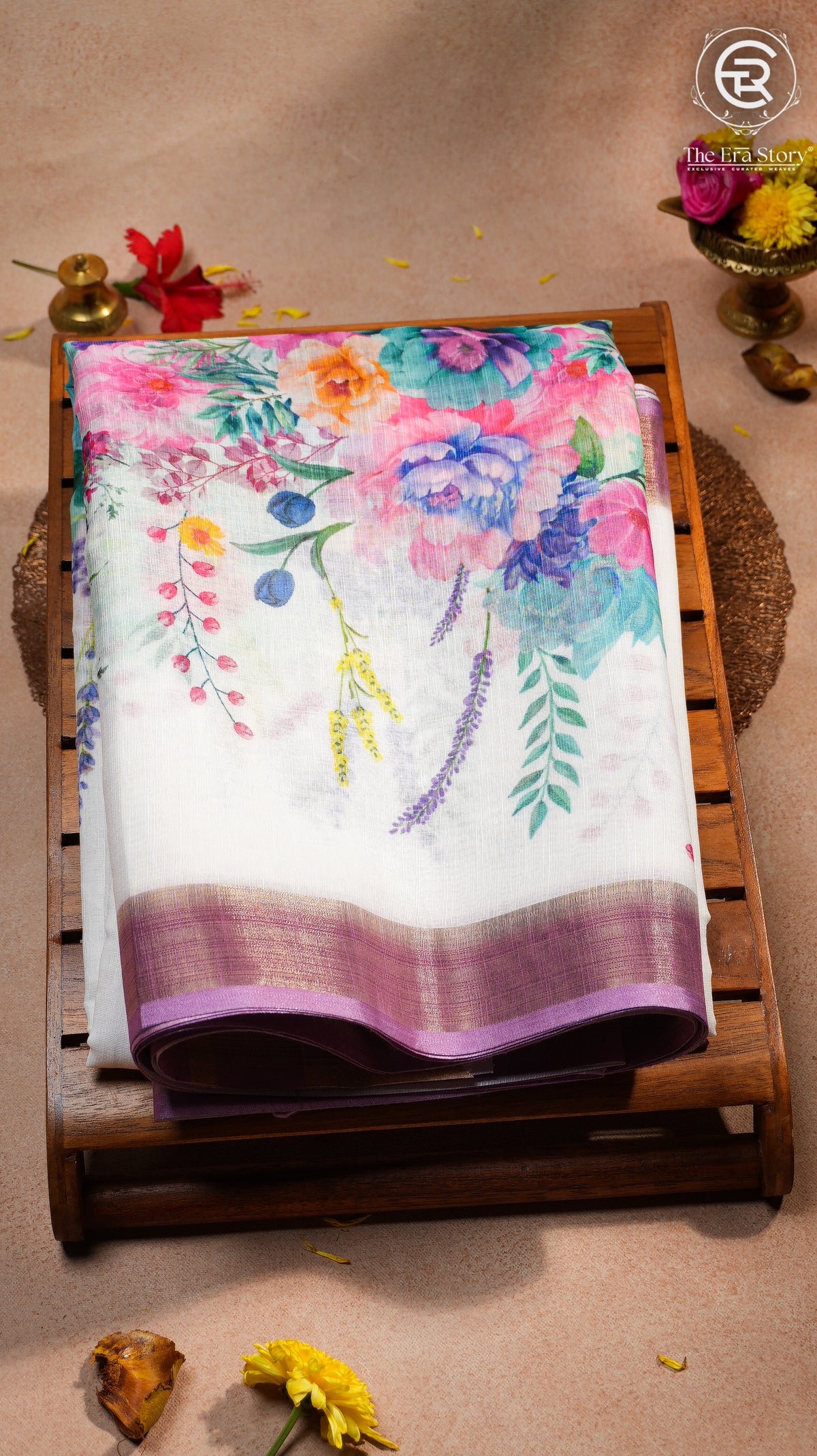 White Lavender Pink Floral Linen Cotton Saree