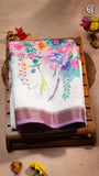 White Lavender Pink Floral Linen Cotton Saree