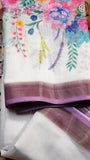 White Lavender Pink Floral Linen Cotton Saree