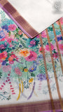 White Lavender Pink Floral Linen Cotton Saree