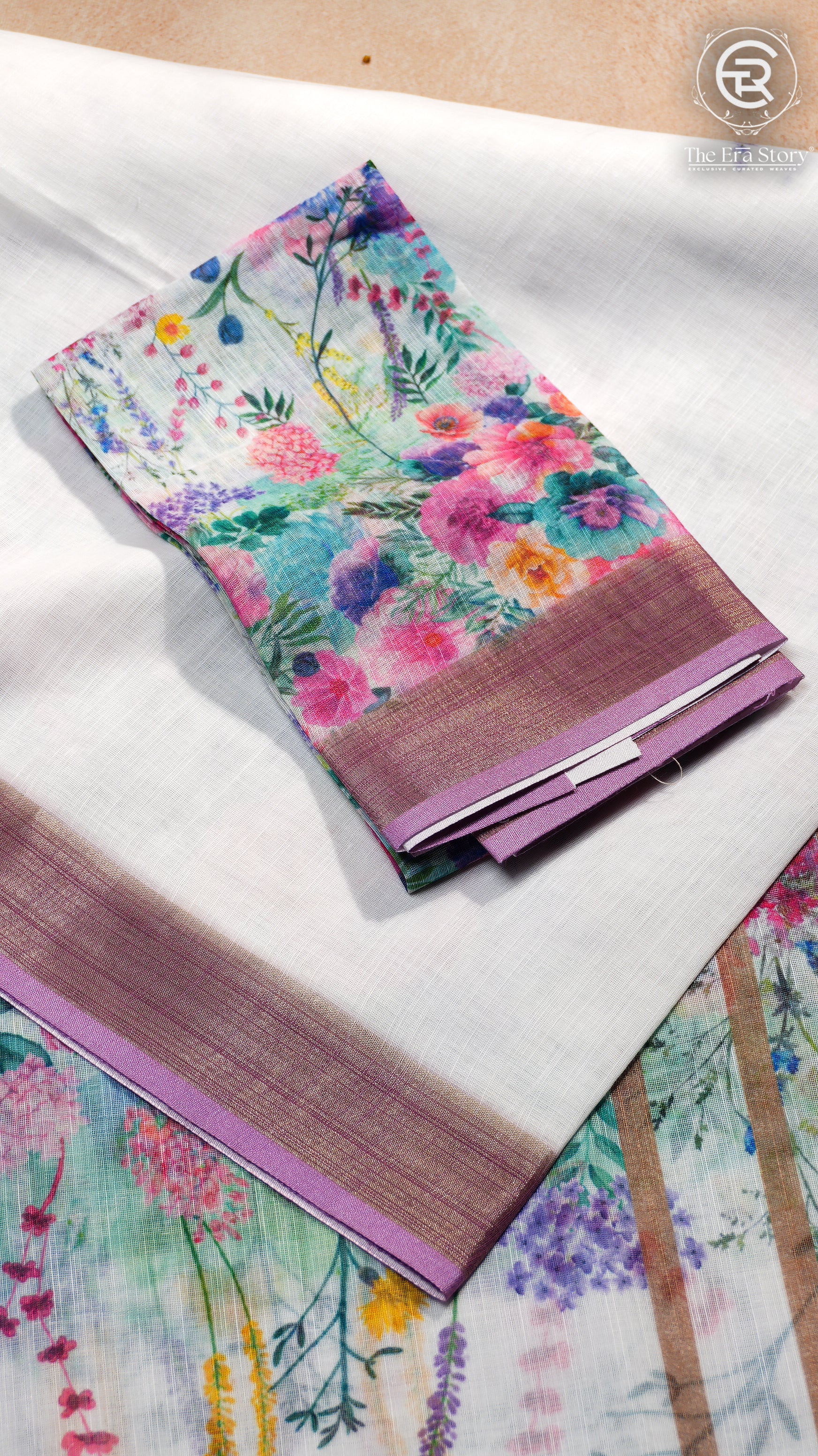 White Lavender Pink Floral Linen Cotton Saree