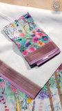 White Lavender Pink Floral Linen Cotton Saree