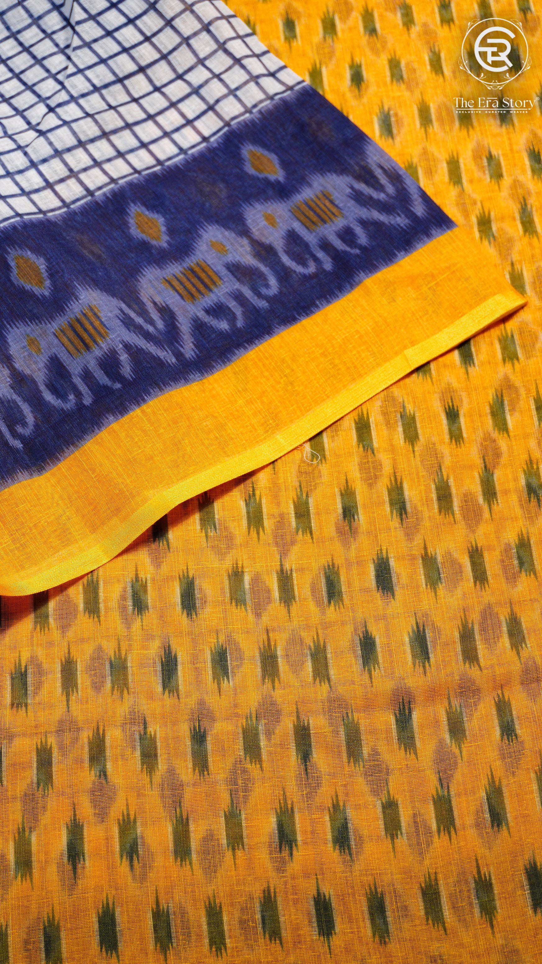 White Blue & Yellow Checkered Summer Cotton Saree