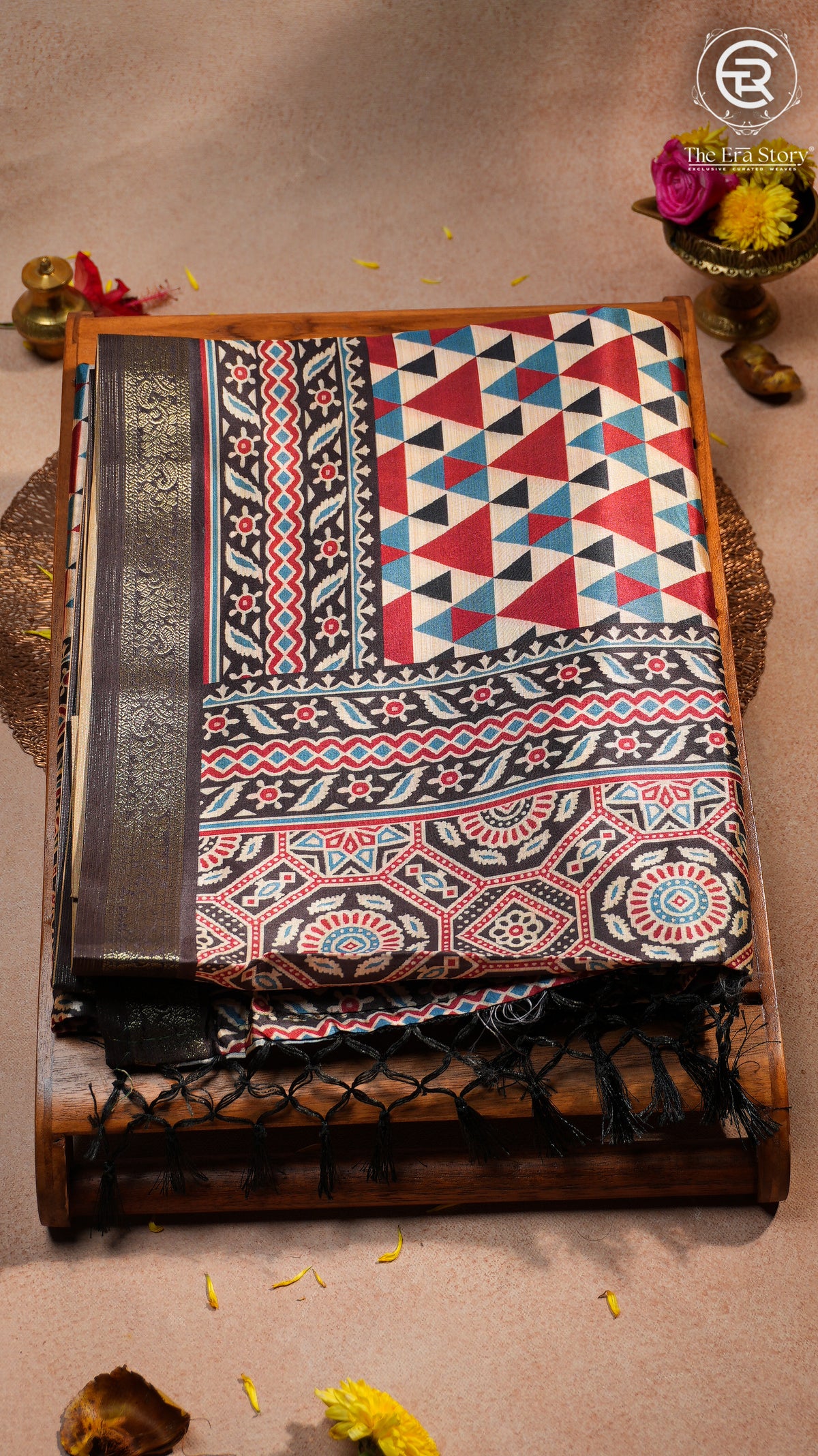 Beige Red and Blue Triangle Tussar Silk Saree