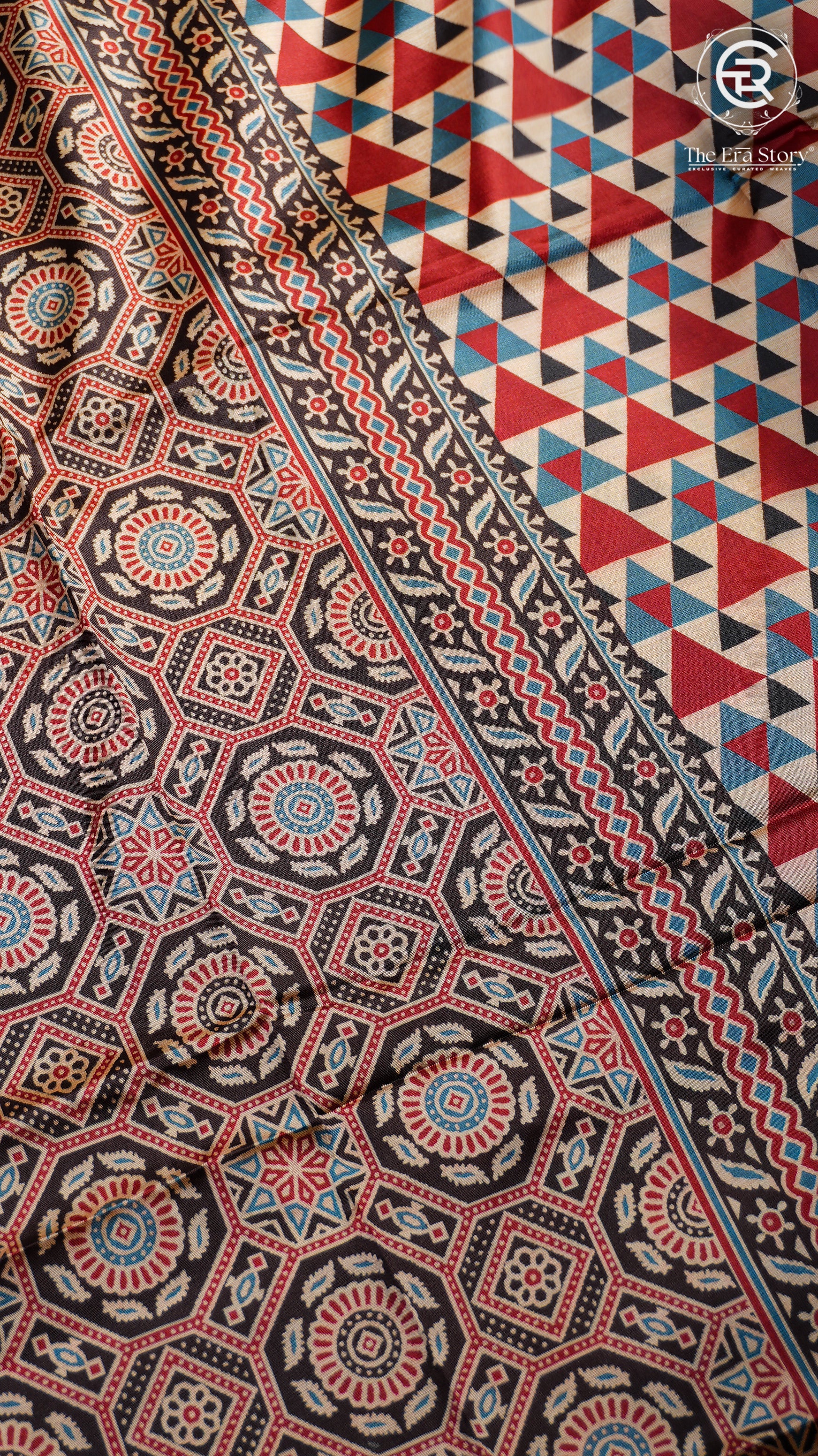 Beige Red and Blue Triangle Tussar Silk Saree