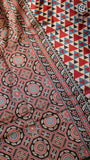 Beige Red and Blue Triangle Tussar Silk Saree
