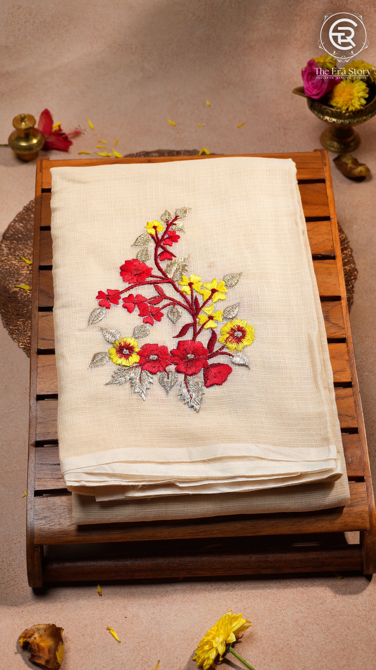 Beige Embroidery Kota Doria Summer Cotton Saree