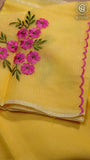 Yellow Pink Embroidery Kota Doria Summer Cotton Saree