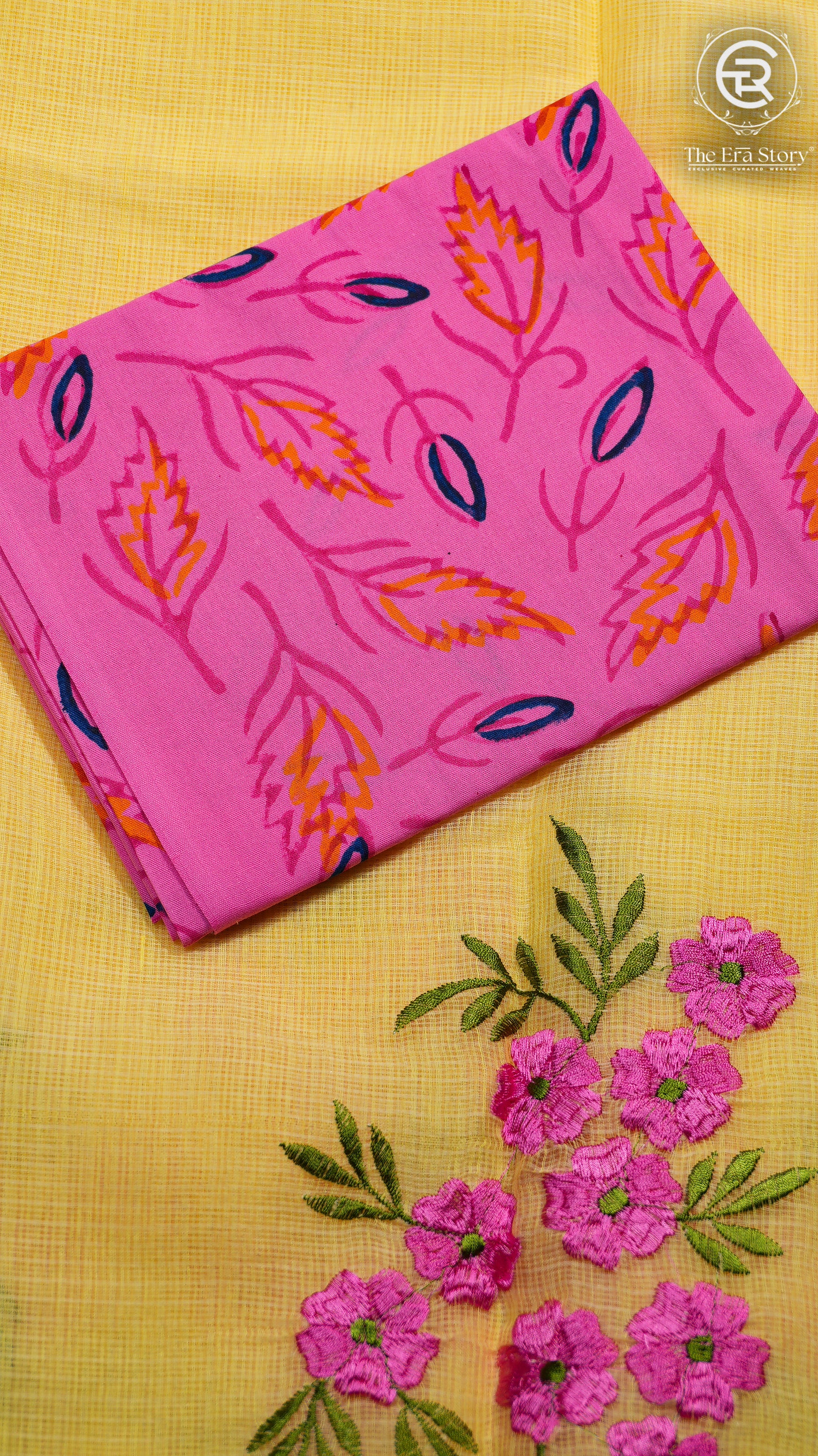 Yellow Pink Embroidery Kota Doria Summer Cotton Saree