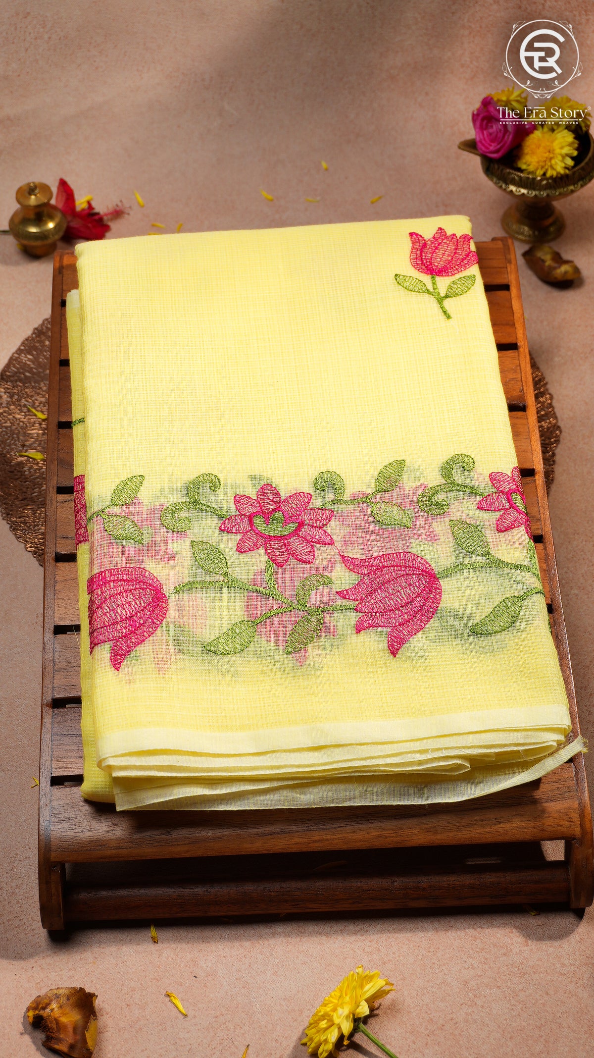 Yellow Embroidery Kota Doria Summer Cotton Saree