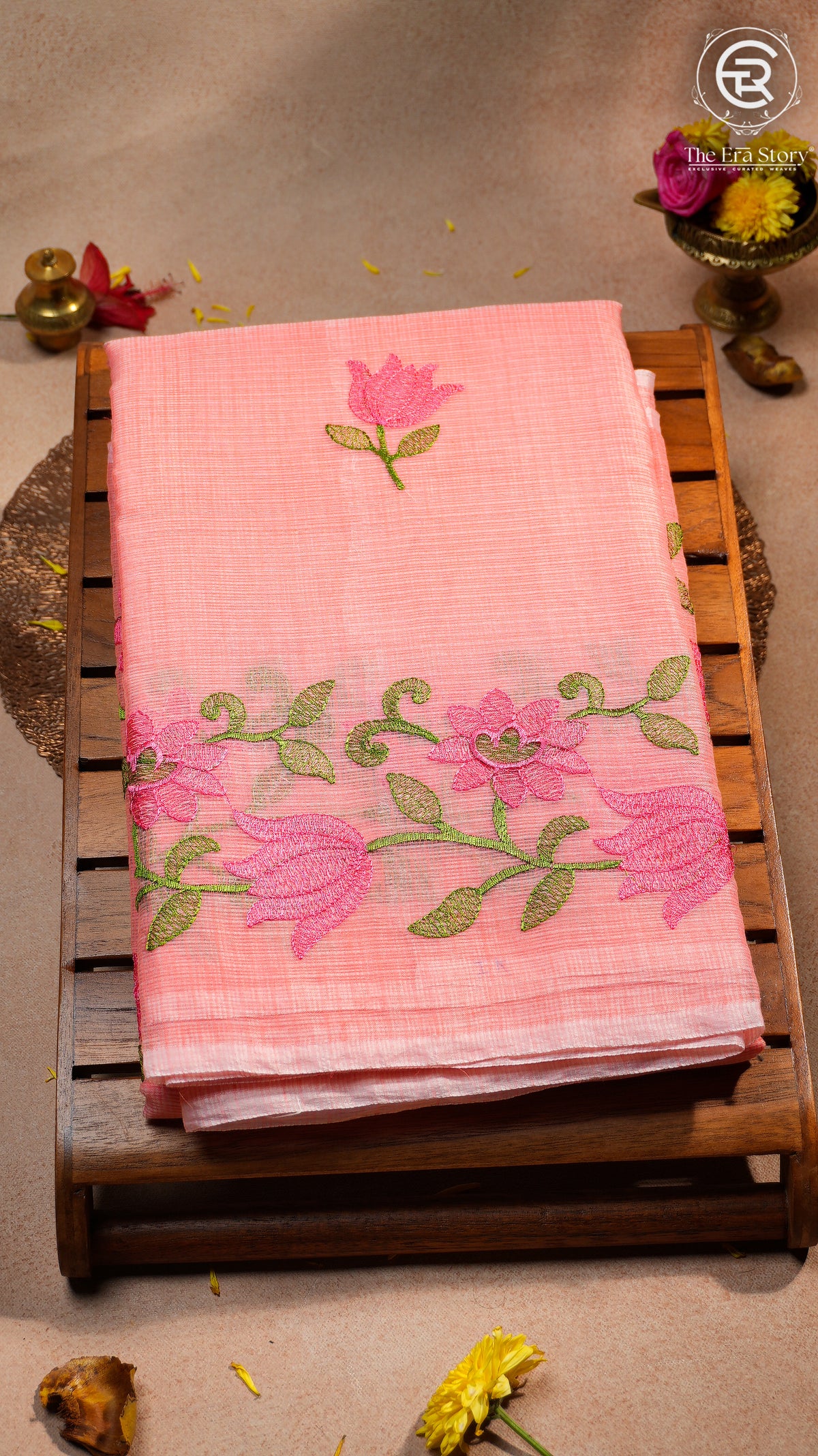 Peach Embroidered Kota Doria Summer Cotton Saree