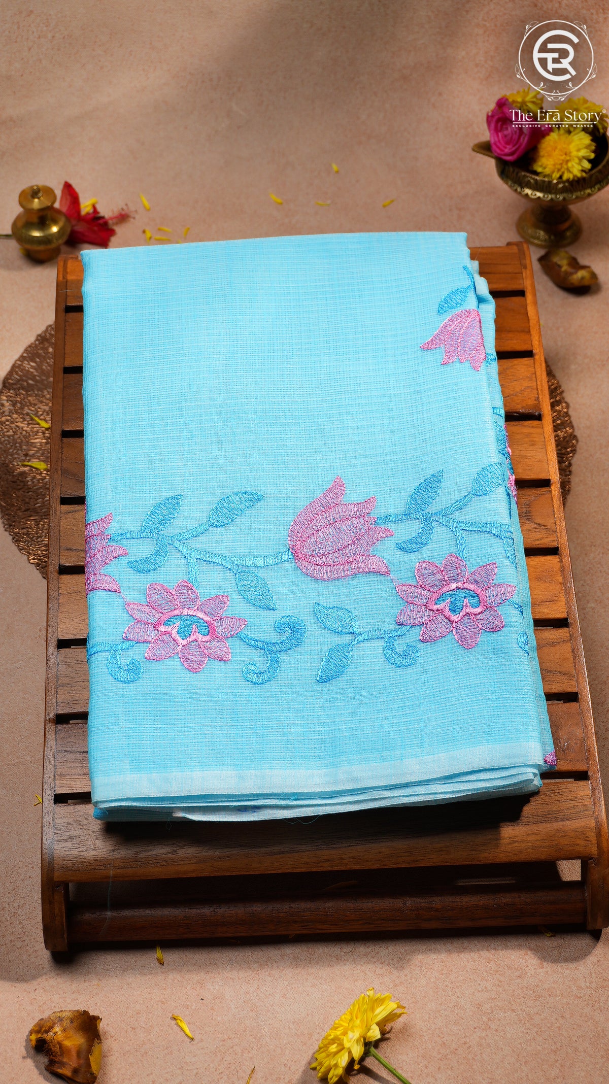 Blue Embroidered Kota Doria Summer Cotton Saree