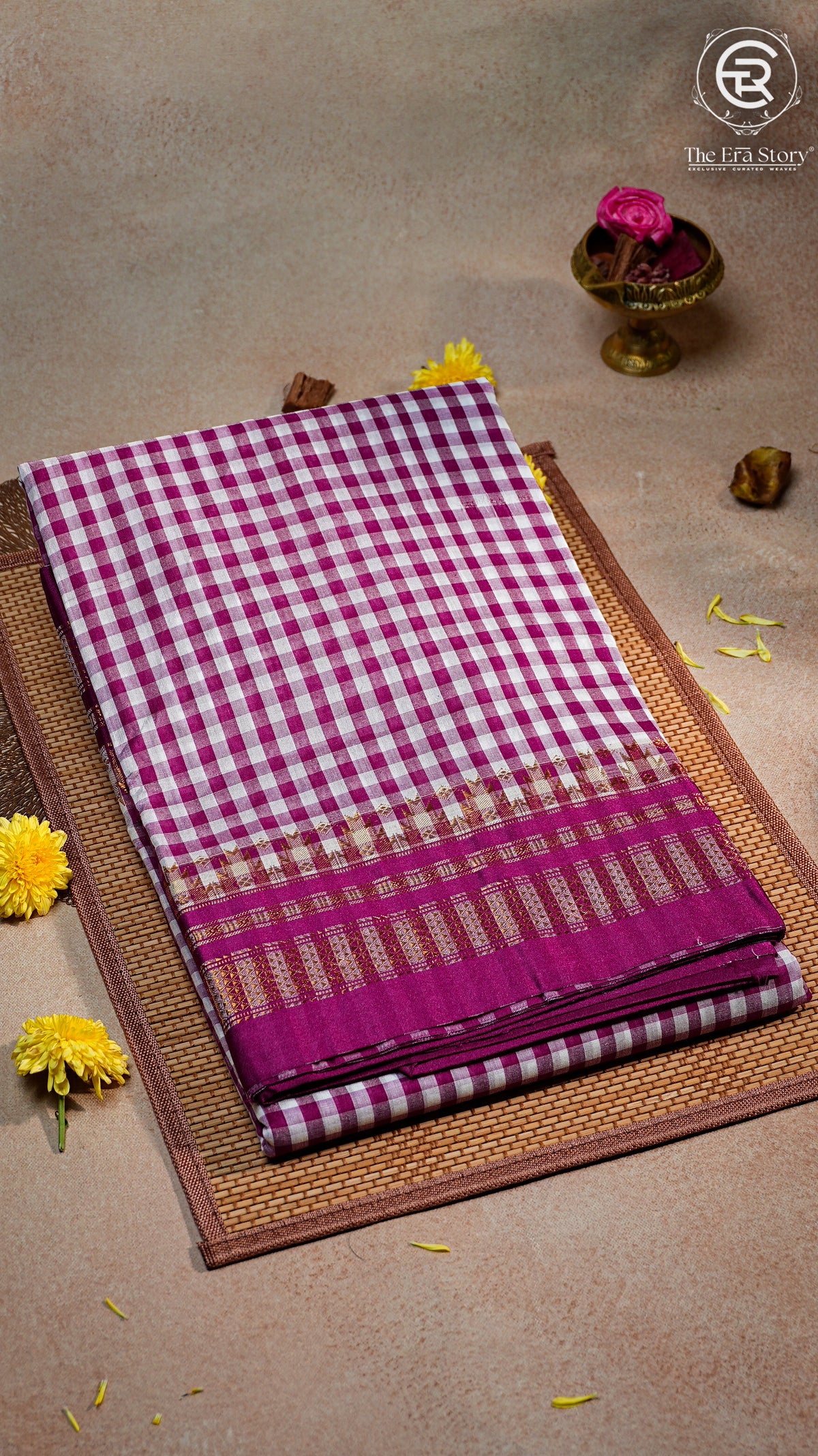 Purple and White Checkered Handloom Narayanpet Silk Cotton Saree