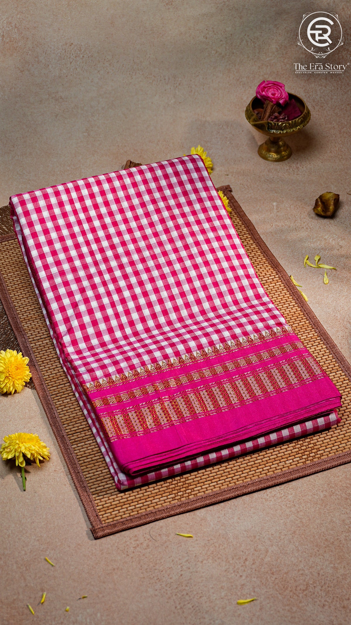Dark Pink and White Checkered Handloom Narayanpet Silk Cotton Saree