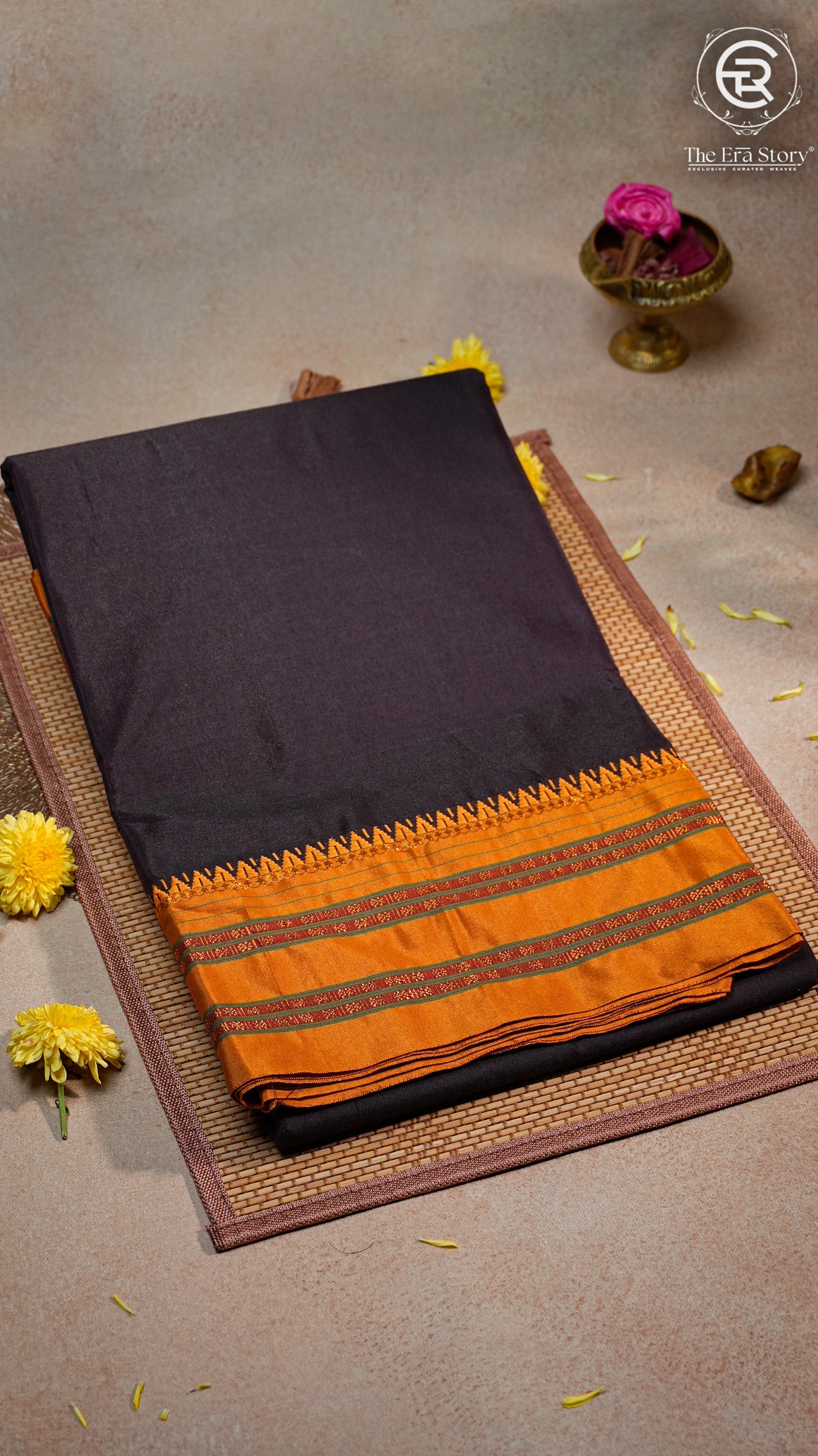 Burgundy Brown & Yellow Handloom Narayanpet Silk Cotton Saree