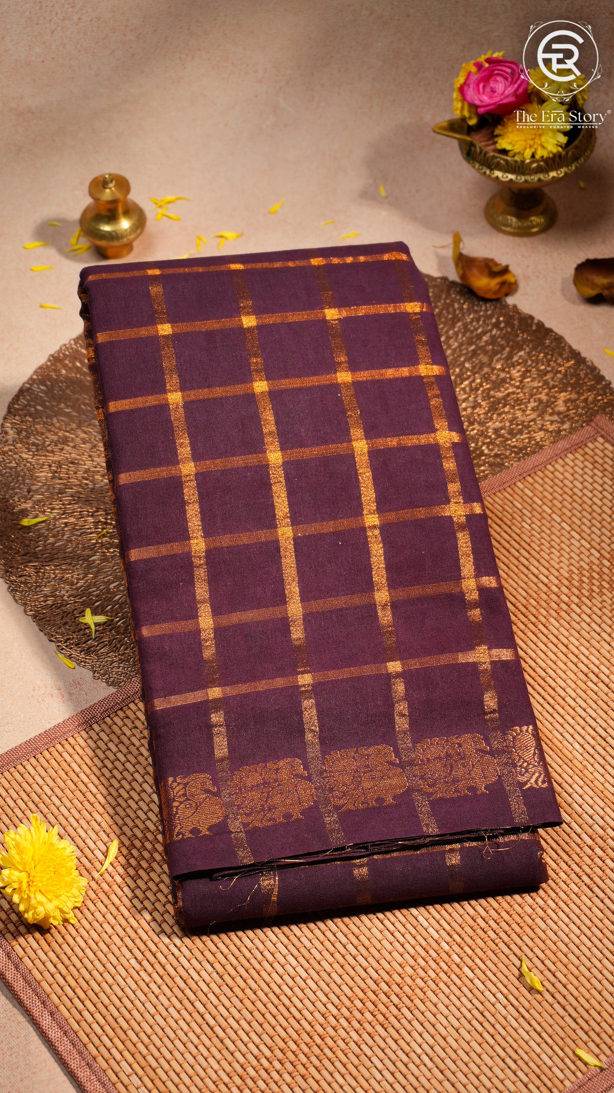 Navy Blue Checkered Peacock Sungadi Pure Cotton Saree
