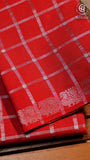 Red Silver Checkered Peacock Sungadi Pure Cotton Saree