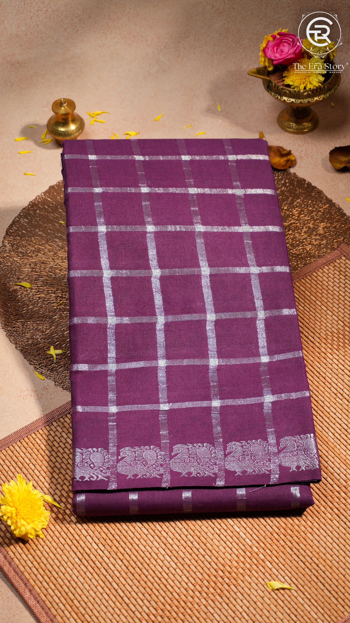 Violet Silver Checkered Peacock Sungadi Pure Cotton Saree
