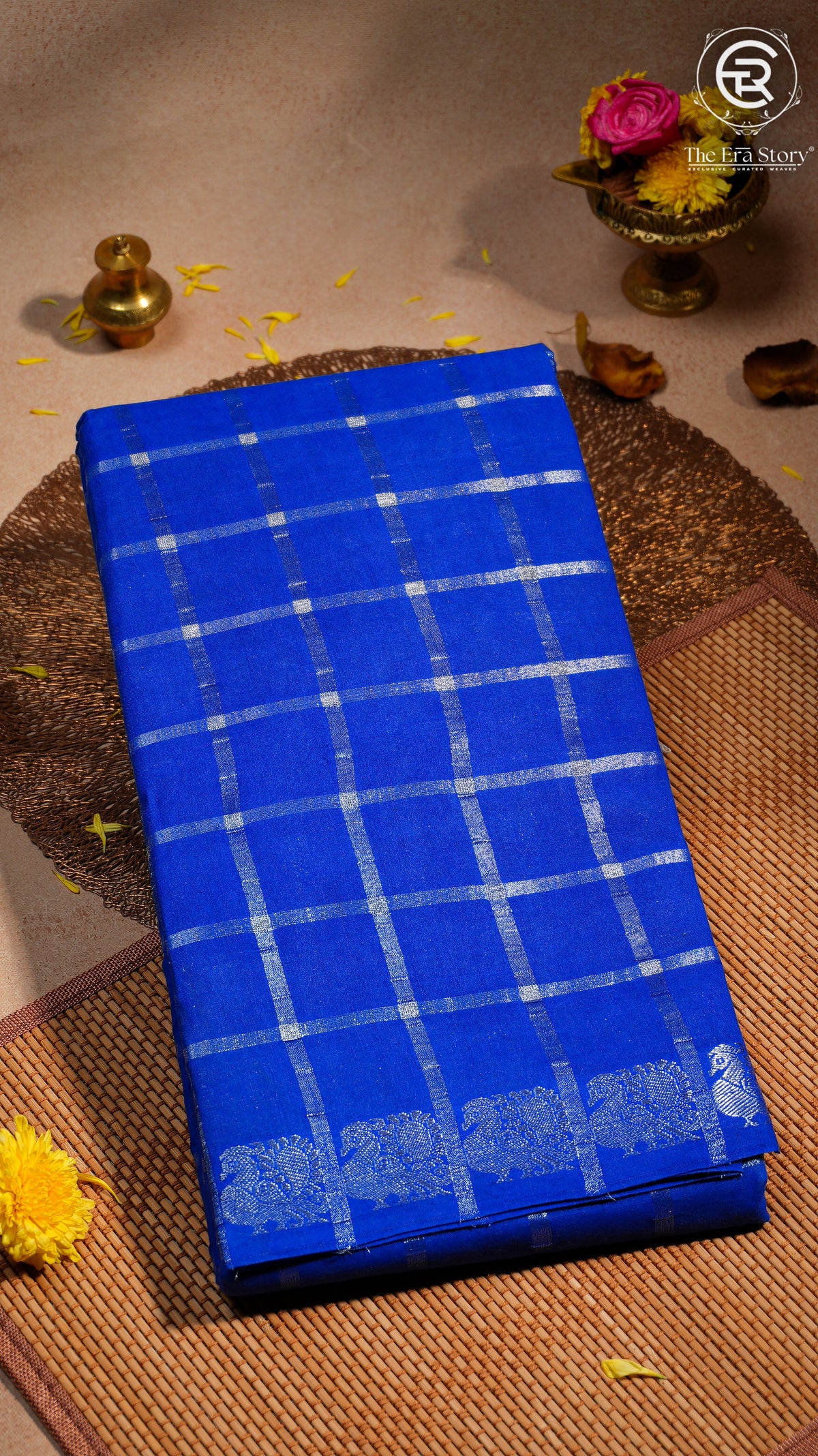 Blue Line Patterned Peacock Sungadi Pure Cotton Saree