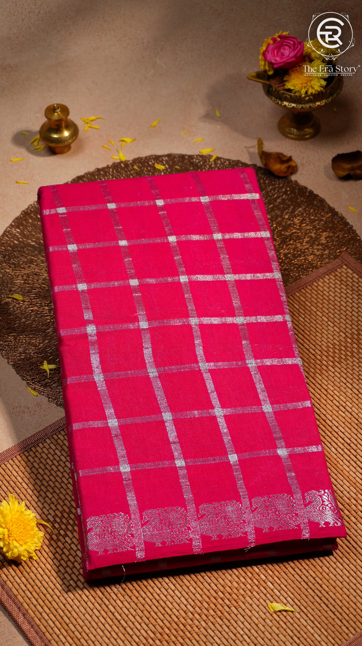 Pink Silver Checkered Peacock Sungadi Pure Cotton Saree