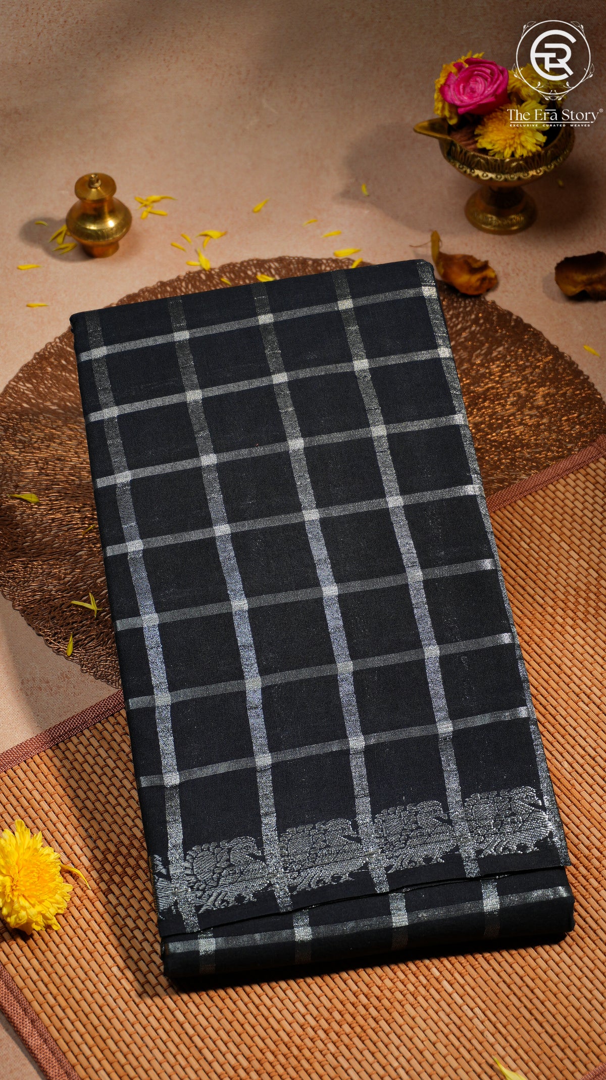 Black Silver Checkered Peacock Sungadi Pure Cotton Saree