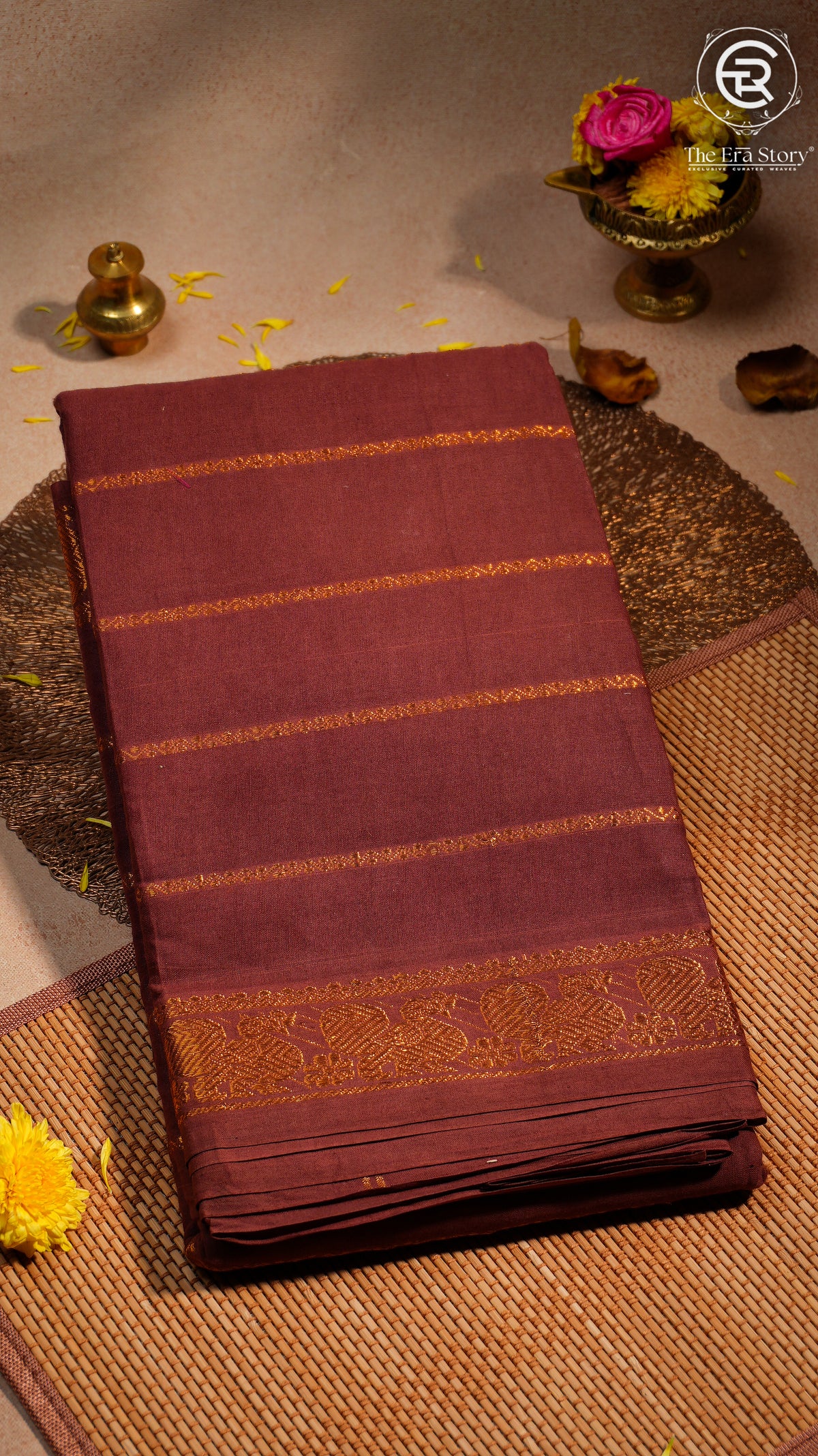 Brown Line Patterned Peacock Sungadi Pure Cotton Saree