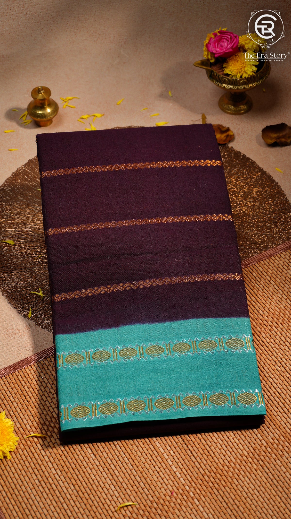 Blue and Teal Patterned Line Sungadi Pure Cotton Saree