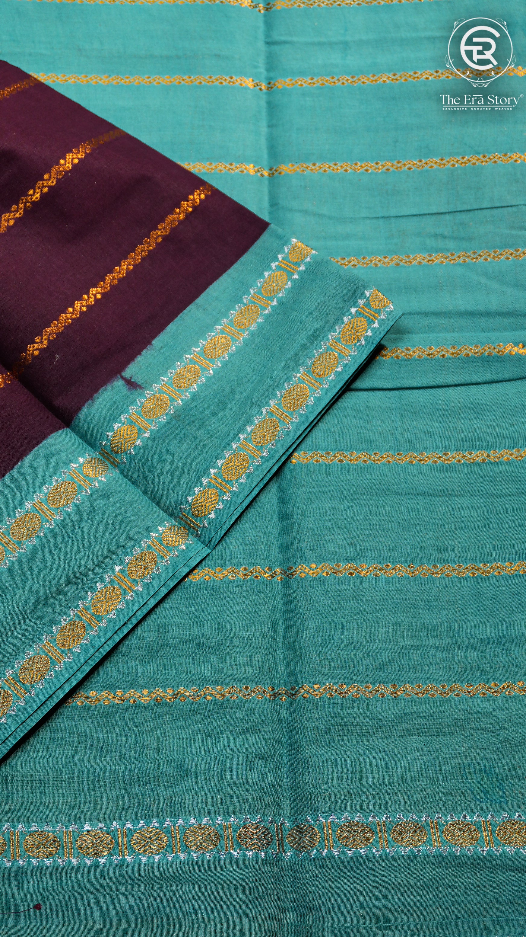 Blue and Teal Patterned Line Sungadi Pure Cotton Saree